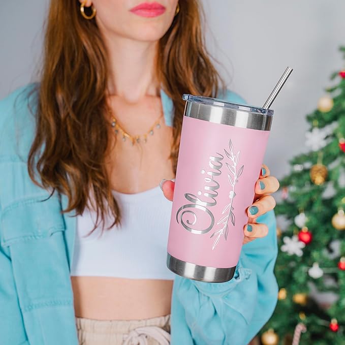 Personalized Tumbler with Engraved Name - 12 Designs, 20 Oz Coffee Tumbler with Slider Lid, Soft Pink, Double Wall Insulated - Custom Gifts for Women - Bloomnest