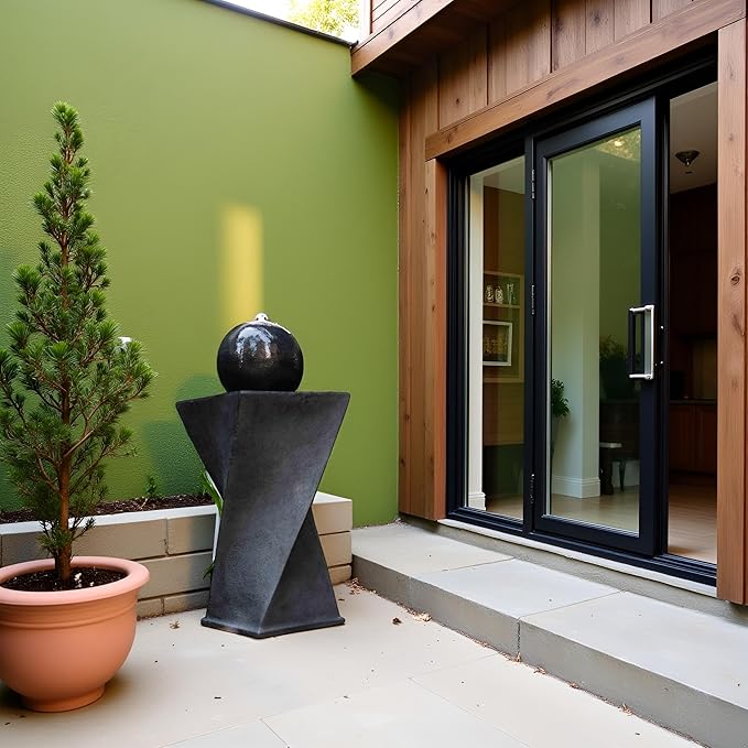 Black Sphere Water Fountain Outdoor –Unique Rotating Curve Design，Modern Zen Water Fountain for Garden, Patio, Indoor Floor Standing Decor,32.28'' Tall (Black) - Bloomnest