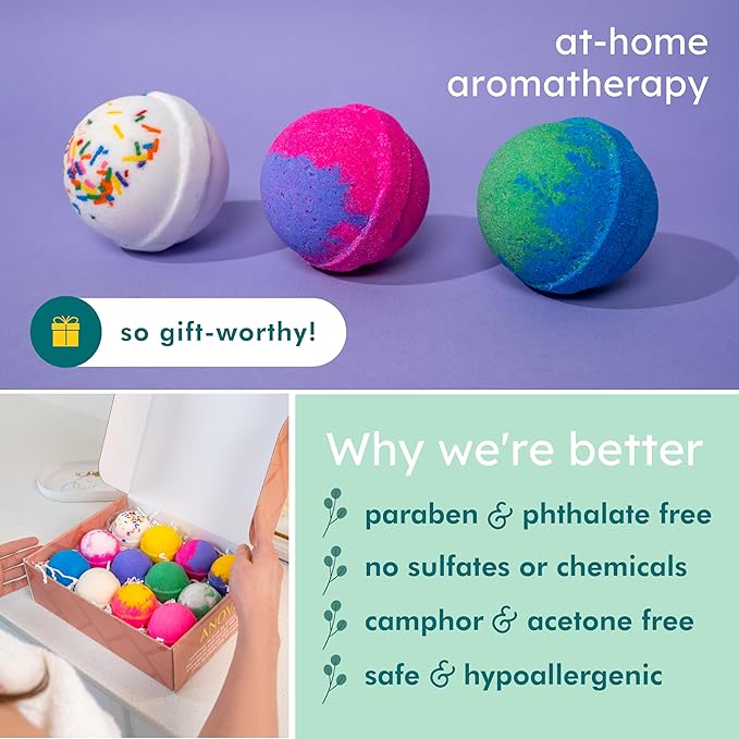 Anovina 12XL Bath Bombs for Women & Kids, Spa Gifts with Essential Oils, Relaxation & Stress Relief, Aromatherapy Bath Products, Made in USA Gift Set, Natural Scented Bath Bombs for Men - 12 Pack - Bloomnest