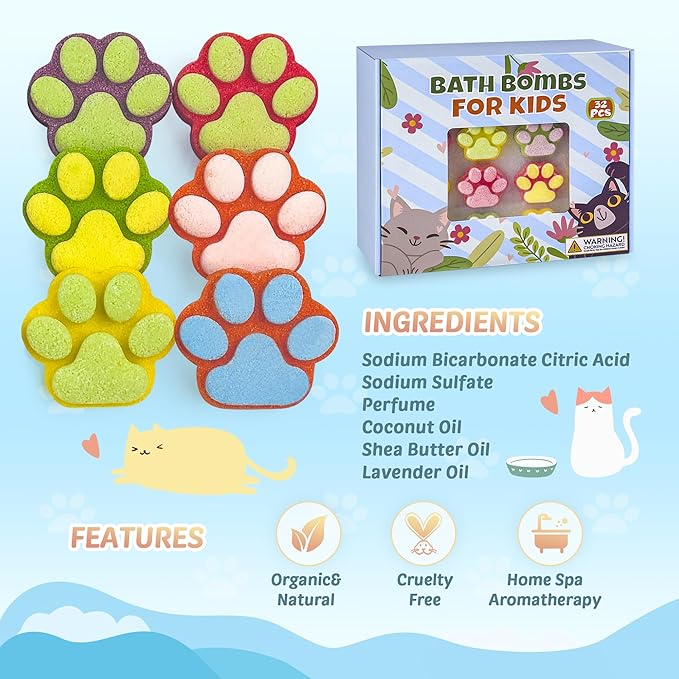 Bath Bombs for Kids with Surprise Inside, 32 Pack Paw Bath Bombs with Toy, Ocean Animals and Space Planet Toys SPA Fizzy Handmade Natural Bath Bomb Gift Set at Christmas, Birthday - Bloomnest