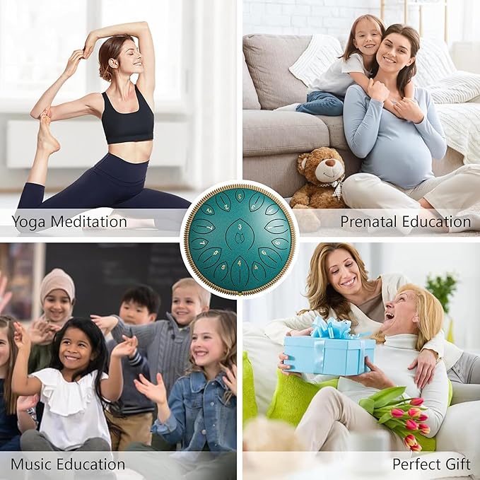 Steel Tongue Drum 12 Inch 15 Notes, Steel Drums Instruments for Kids Adults, Hand Pan Drum with Music Book, Drum Mallets and Carry Bag, Handpan C Major, Malachite Green - Bloomnest