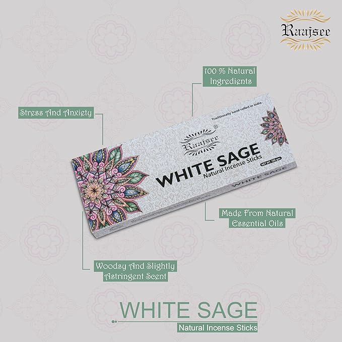 White Sage Incense Sticks for Cleansing 100 gm Pack - 100% Natural -Charcoal Free - Organic Non Toxic Clean Burning - Made from Upcycled Flowers RAAJSEE