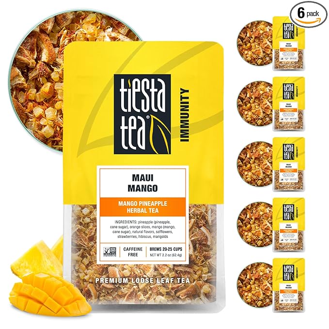 Tiesta Tea - Maui Mango | Loose Leaf | Mango Pineapple Herbal Tea | Premium Non-Caffeinated Fruit Blend | Make Hot or Iced & Brews Up to 25 Cups | 13.2 Ounce Resealable Pouch, Pack of 6 - Bloomnest