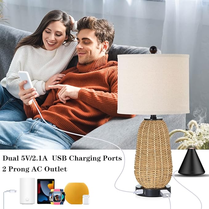 Touch Control Rattan Table Lamps, 3 Way Dimmable Bedside Lamps for Bedroom Set of 2 with 2 USB Ports and AC Outlet, Grass Rope Nightstand Lamps for Living Room Office (2 LED Bulbs Included) - Bloomnest