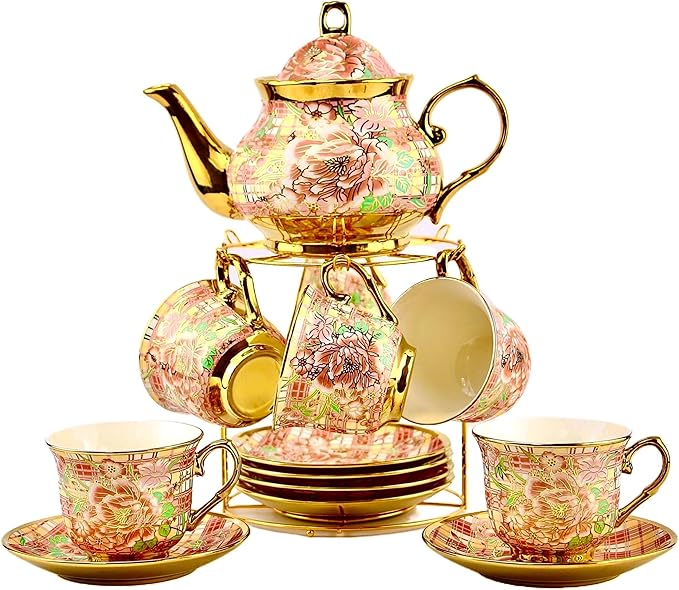 20 Pieces Porcelain Tea Set With Metal Holder, European Ceramic tea set for adults,Flower Tea Set,Tea Set For Women With Flower Painting(Large version, Red) - Bloomnest