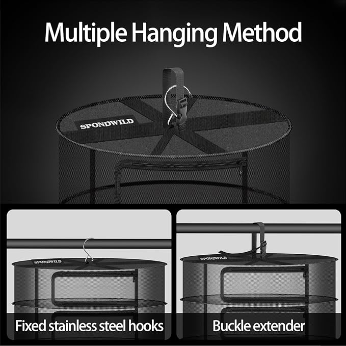 Herb Drying Hanging Mesh Rack - 1ft Diameter (D12xH21 inch) 2+1 Layer, Foldable Plant Drying Net with U-Shaped Zipper & Storage Pouch - for Herbs, Plants, Flowers, Fruits, Food - Bloomnest