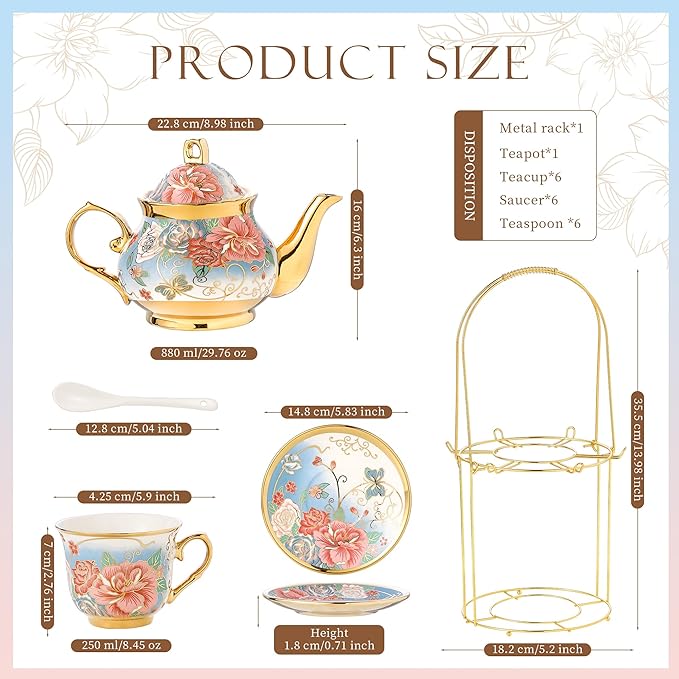 20 Pieces Porcelain Tea Set With Metal Holder, European Ceramic tea set for adults,Flower Tea Set,Tea Set For Women With Flower Painting (VIVID BLUE, Largr Vision) - Bloomnest