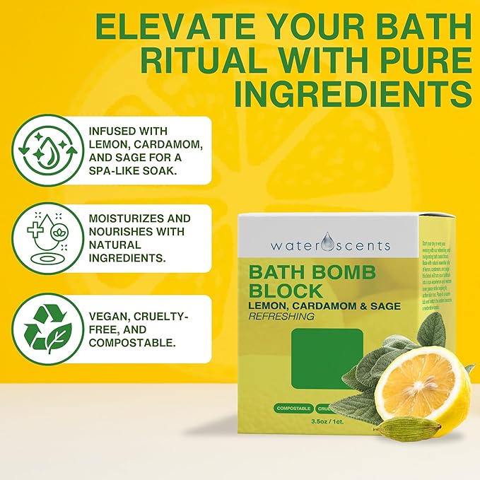 Water Scents Purity Bath Bomb Block | Vegan, Natural & Cruelty-Free | Aromatherapy Bath Soak with Lemon, Cardamom & Clary Sage | Refreshing & Moisturizing, Handmade in USA – 3.5 oz (1-Pack) - Bloomnest