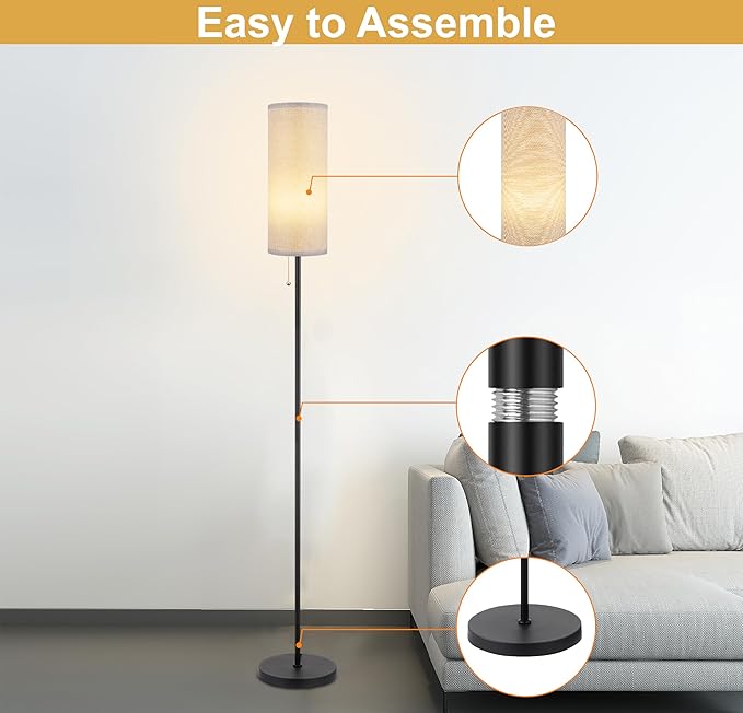 Floor Lamp for Living Room, Modern Standing Lamps with Lampshade, Minimalist Tall Lamp with Chain Switch for Living Room, LED Bulb Included (Gray Shade) - Bloomnest