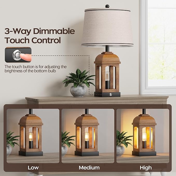 QiMH Table Lamp for Living Room, Farmhouse Lamps Set of 2 with USB A+C and Nightlight, 26" Rustic Bedside Lamps with 3-Way Dimmable Touch Control, Nightstand Lamp for Bedroom Decor, Wood Grain - Bloomnest