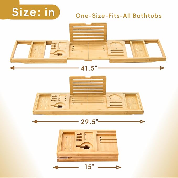 Premium Foldable Bamboo Bathtub Tray Caddy, Expandable Bath Caddy Tray with Holder, Natural Bath Shelf Over Tub, Spa Bathroom Accessories & Gifts for Home - Bloomnest