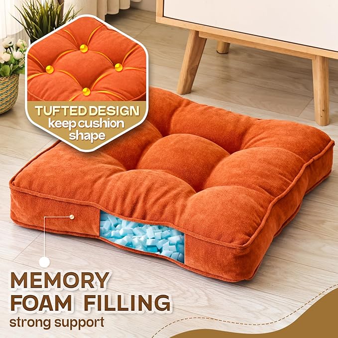 Floor Pillow Set of 2, Memory Foam Floor Cushions for Adults, Large Square Meditation Pillow for Sitting, 22 x 22 Inches (Square | Orange)