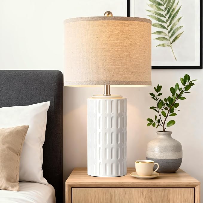 PARTPHONER 23" Farmhouse Modern Ceramic Table Lamp Set of 2 - White Bedside Lamps for Bedroom & Living Room, Nightstand, Desk, End Table - Bloomnest