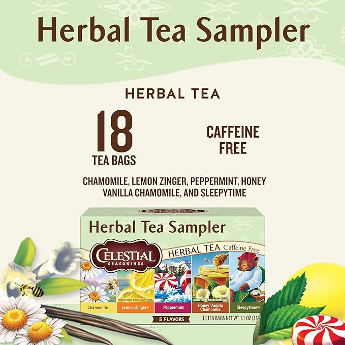 Celestial Seasonings Herbal Tea Sampler Variety Pack, Caffeine Free, 18 Tea Bags Box - Bloomnest