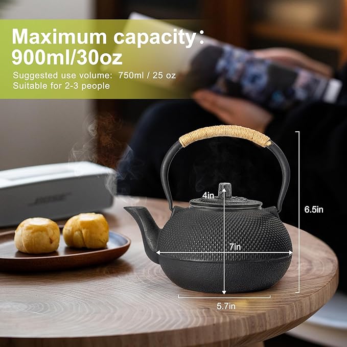 suyika Japanese Tetsubin Cast Iron Teapot Tea Kettle pot with Stainless Steel Infuser for Stovetop Safe Coated with Enameled Interior 30 oz/900 ml - Bloomnest