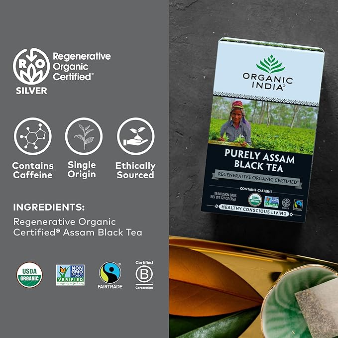 Organic India Purely Assam Black Tea - Caffeinated Herbal Tea Bags with Natural Assam Leaves, Enjoy with Milk & Sweetener, USDA Organic, Non-GMO, Fairtrade Certified - 18 Bags (Pack of 3) - Bloomnest