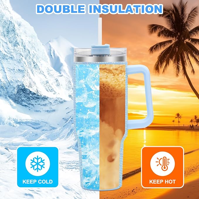40 oz Tumbler with Handle and Flip Straw Lid, Insulated Leak Proof Double Walled Stainless Steel Rhinestone Diamond Studded Bling Travel Mug Tumblers, Maintains Cold Ice and Heat for Hours - Bloomnest