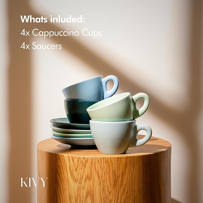 KIVY Cappuccino cups set of 4 [8oz] - Thick-walled stoneware cappuccino cup set for latte art - Cappuccino coffee cups - Tazas de cafe - Latte cups - Latte art cup and saucer set of 4 - Green, Blue - Bloomnest