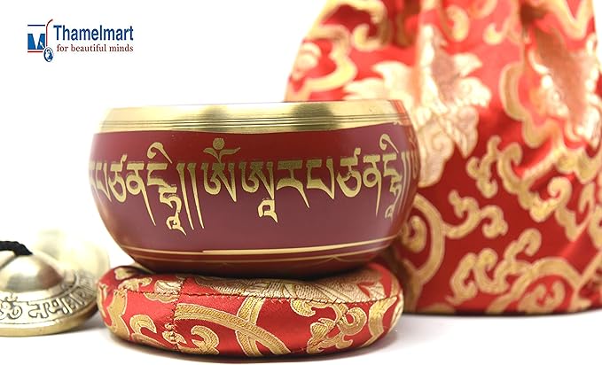 5" Tibetan Meditation Yoga Singing Bowl Set with free Om Tingsha cymbals,wooden Mallet Silk Cushion and Carry bag from Nepal, Singing bowls. TM+THAMELMART+FOR+BEAUTIFUL+MINDS