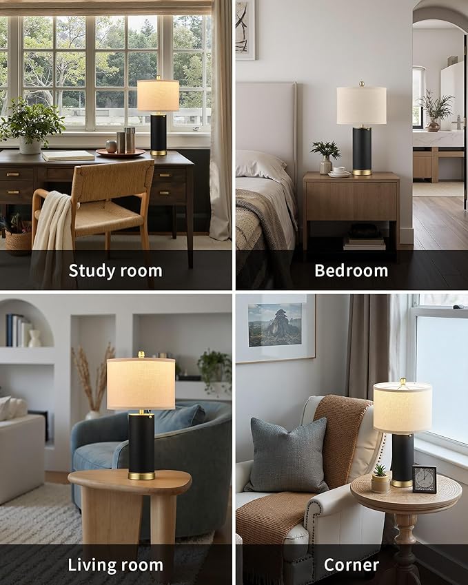 KDG 23.4" Black PU Leather Table Lamps for Living Room Set of 2, 3 Level Brightness LED Modern Home Decor Fabric Lampshade Desk Lamp Lighitng for Bedroom, Bedside, Farmhouse, Nightstand, Night Light - Bloomnest