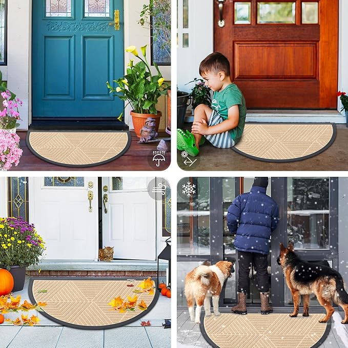 Smiry Half Circle Front Door Mat Outside Entrance, Heavy Duty Sturdy Natural Rubber Doormat, Trap Dirt and Moisture, Low Profile Mats for Indoor Outdoor Entry, Irregular Triangle (36x24, Beige) - Bloomnest