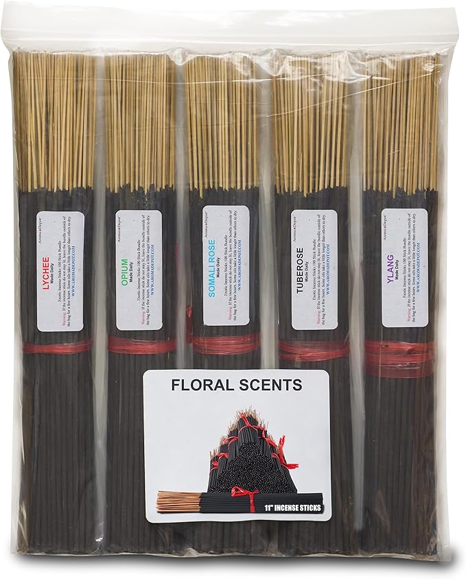 Floral Scents 11'' Incense Sticks - Variety Set 500 Pack - 11 inch - 5 Bundles 100 Sticks Per Fragrance Scent. Set Features Lychee, Op-ium, Somali Rose, Tuberose, Ylang AromaDepotInc