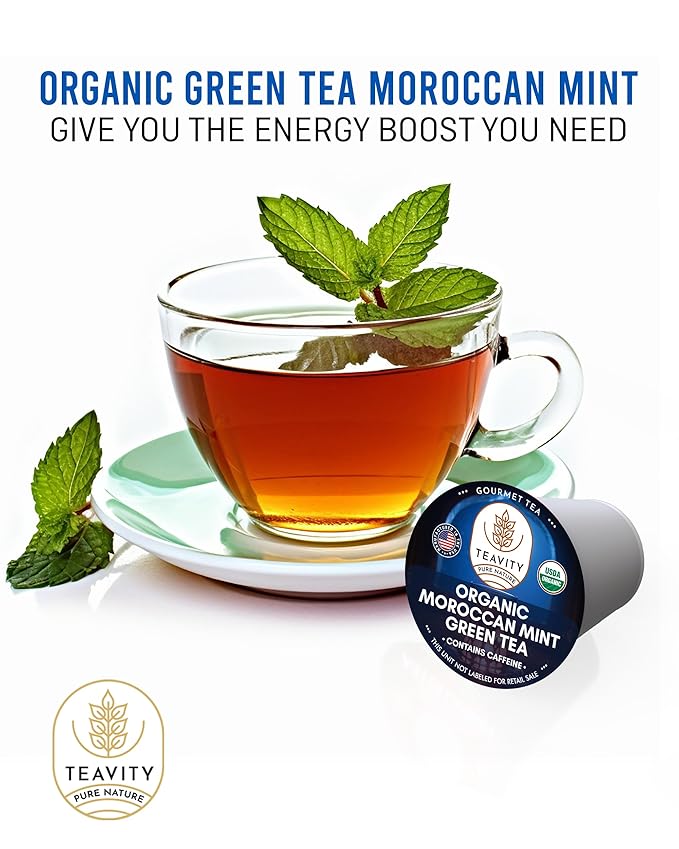 Organic Moroccan Mint Tea and Green Tea Pods for Keurig - Caffeinated Unsweet Tea for K Cup Brewing by Teavity (12 Tea Pods) - Bloomnest