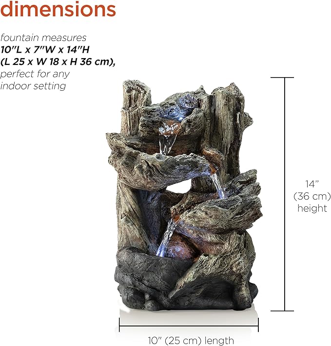 Alpine Corporation | 14"H Indoor Tiered Log Tabletop Fountain with LED Lights — Cascading Waterfall Design Creates Relaxing Ambiance for Home & Office Décor - Bloomnest