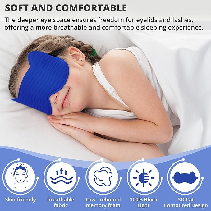 3D Kids Sleep Eye Mask: 3D Contoured Cup Sleeping Masks, Blindfold Sleep Eye Cover with Adjustable Strap, Memory Foam Lightweight Night Eyeshade for Boys Girls Teens (Royal Blue) - Bloomnest
