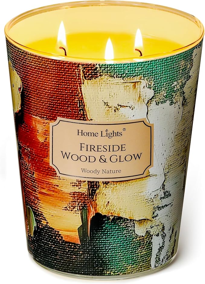 HomeLights 3-Wick Candles for Home Scented - 34oz Soy Wax Blend Candle Long-Lasting Fragrance, Industrial Chic Home Decor and Housewarming Gifts, Fireside Wood & Glow - Bloomnest