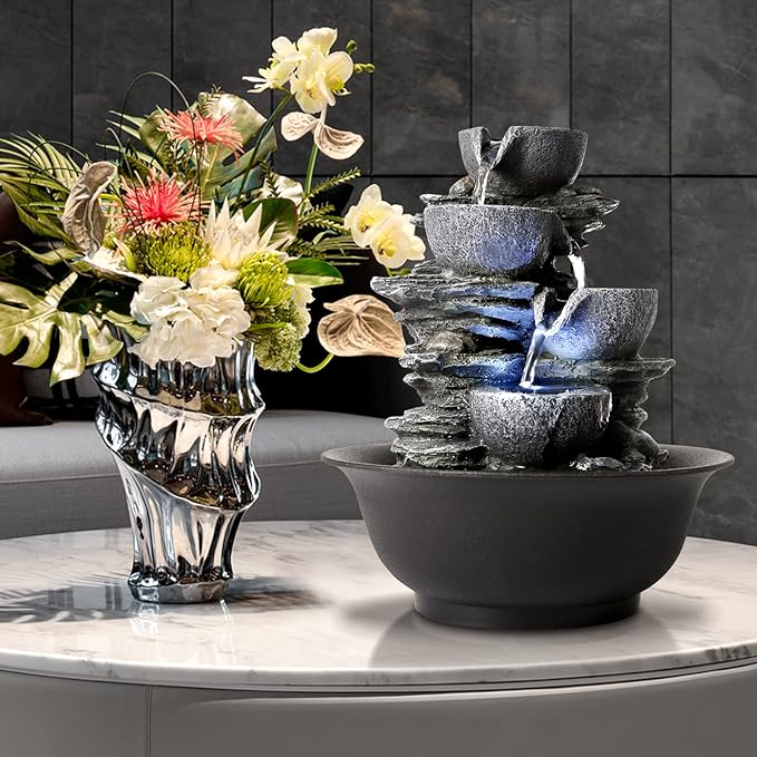 WICHEMI Indoor Water Fountain Tabletop Fountains Waterfall Fountain Indoor Water Feature Feng Shui Zen Meditation Cascading Desktop Fountains with LED Light for Home Office Indoor Decor (Style 15)