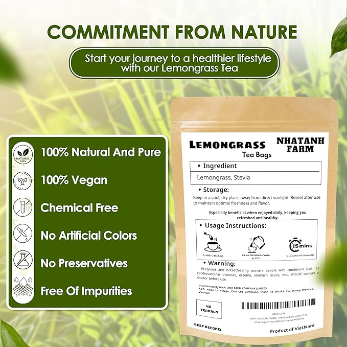 NHAT ANH FARM - Premium Lemongrass Tea Bags, 100 Lemongrass Tea Bags, 100% Natural Dried Lemongrass, Naturally Sweet Herbal Tea, Sugar-Free, Caffeine-Free, No Additives - Bloomnest