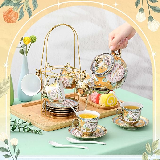 Zhehao 20 Pcs Porcelain Tea Set with Metal Holder and Spoon Adult Ceramic Tea Set European Flower Painting Teapot Cup Saucer Spoon for Women, Large Version(Classic Style) - Bloomnest