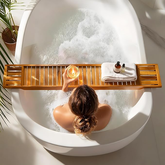 VaeFae Teak Bathtub Tray, Wooden Bath Caddy for Bathtub, Bath Tub Wood Table for Tub, 39.8" x 6" x 1.8" - Bloomnest