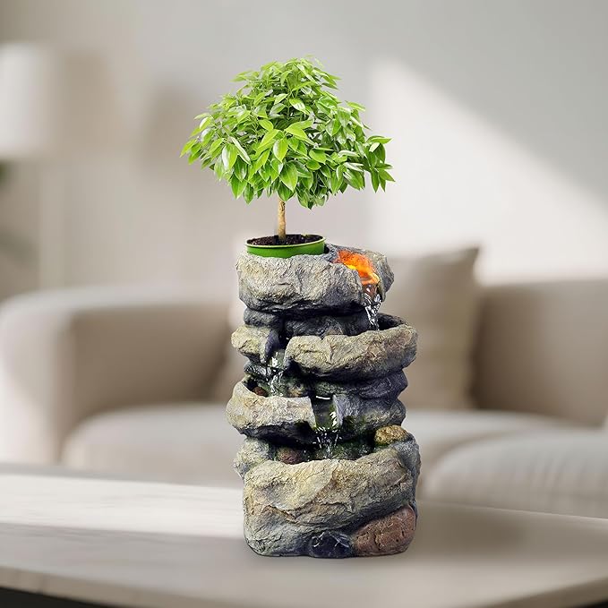 Kalona Tabletop Waterfall Fountain Rockery Fountains Soothing Sound Tabletop Fountains Home/Office Decor with a Small Plastic Pot to Grow The Plant by Yourself(Automatic Watering)(22020) - Bloomnest