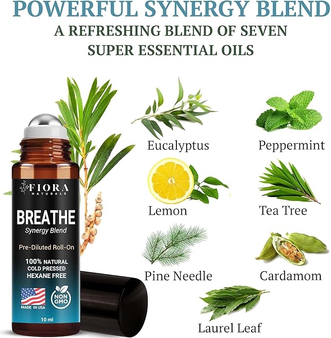 Fiora Naturals Breathe Essential Oil Roll-On Blend - 100% Pure Eucalyptus, Peppermint & Tea Tree Oil Aromatherapy Blend. Therapeutic-Grade - Bloomnest
