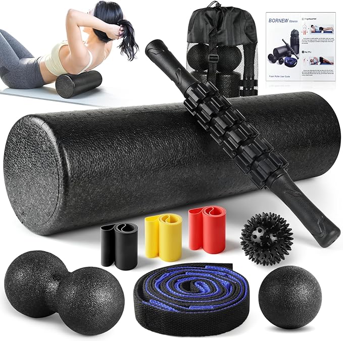 7 in1 Foam Roller Set for Deep Tissue Muscle Massager - High Density Back Roller, Muscle Roller Stick, Resistance Bands, Foot Massage Ball, Stretching Strap for Exercise, Whole Body Physical Therapy - Bloomnest