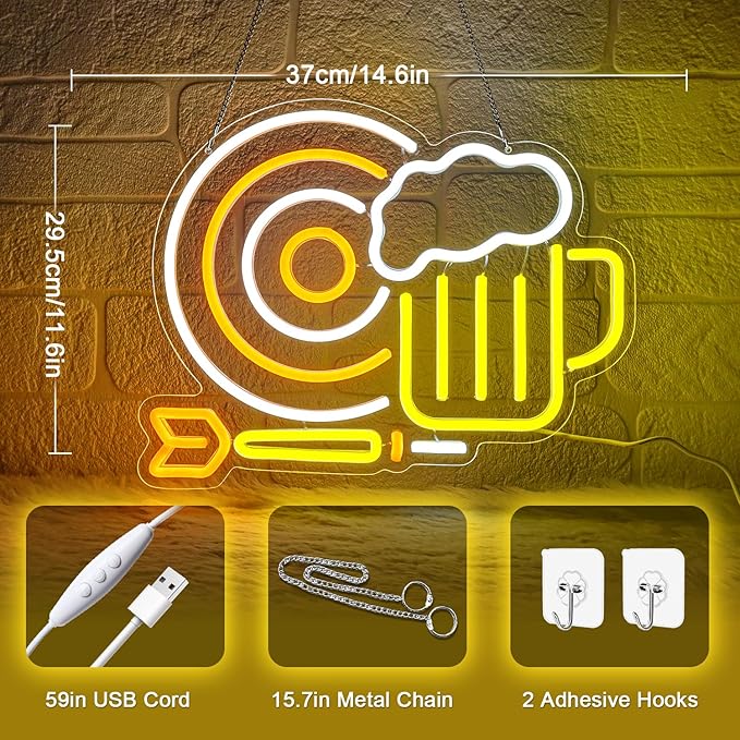Beer Darts Neon Sign,Neon Signs for Wall Decor,Led Beer Sign for Bar,Neon Light Sign for Man Cave,Beer Sign for Bedroom,Light Up Sign for Bar,LED Wall Art Neon Sign for Party,Pub,Clubs - Bloomnest