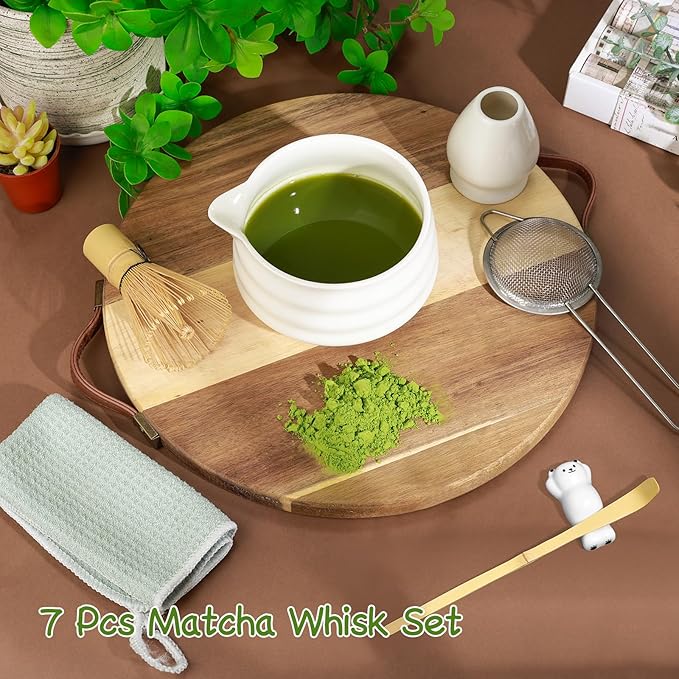 7 Pcs Matcha Whisk Set Macha Kit with Chawan Spout Bowl Bamboo Brush Chasen Holder Powder Starter Sifter Ceramic Japanese Making Matcha Tea Tool with Spoon and Tea Towel for Ceremony Gift (White) - Bloomnest