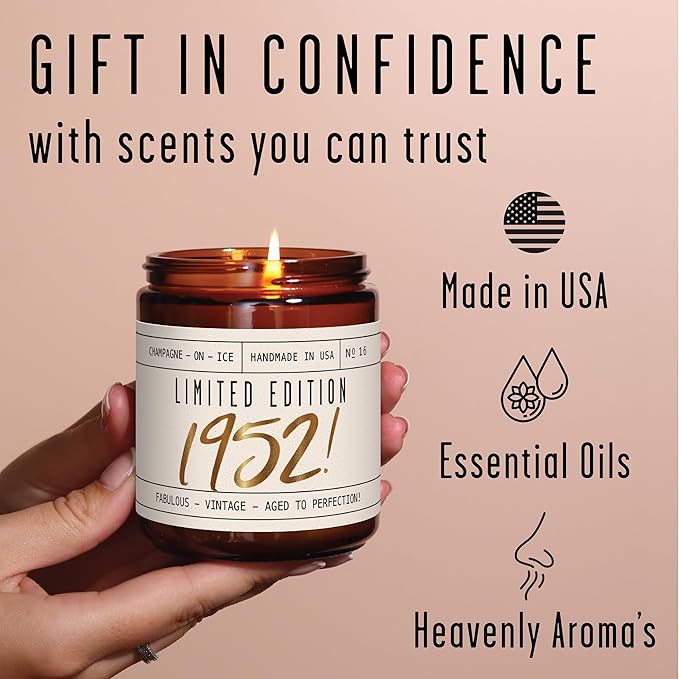 73rd Birthday Gifts for Women - 'Limited Edition 1952' Soy Candle, w/Champagne on Ice I 73 Birthday Gifts for Women I 73rd Birthday Gift for Her Ideas I 9oz Reusable Jar, 50Hr Burn, Made in USA - Bloomnest