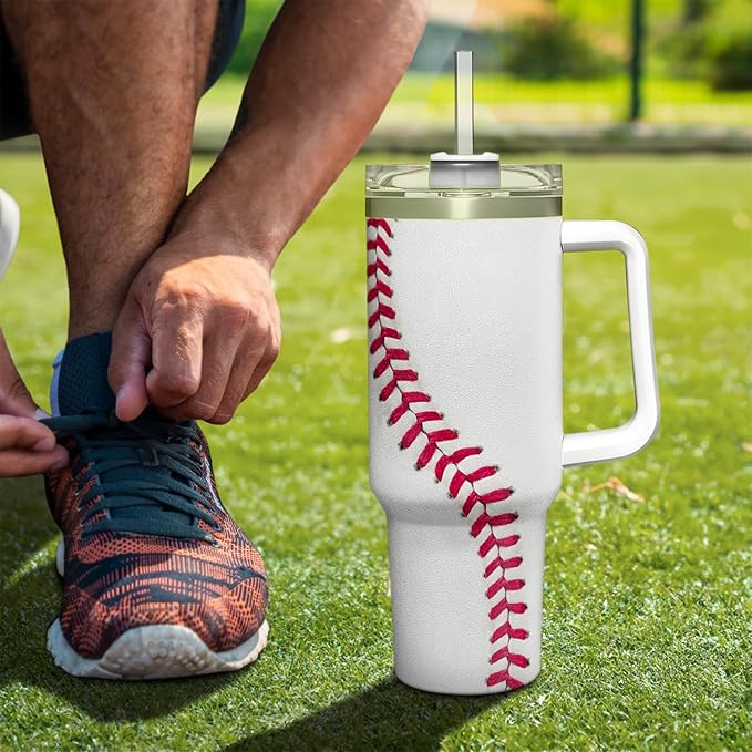 SANDJEST Baseball Tumbler with Handle 40oz, Insulated Stainless Steel Cup with Lid & Straw, Gifts for Men, Boys, Players, Coaches, Sports Lovers, Christmas, Birthday - Bloomnest