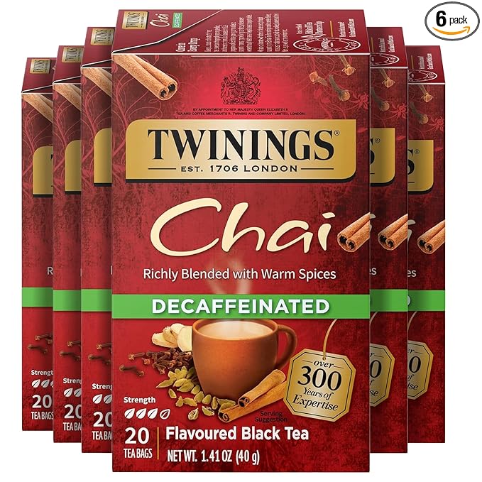Twinings Decaffeinated Chai Individually Wrapped Bags, 20 Count (Pack of 6), Sweet, Savoury Spices, Enjoy Hot or Iced, 120 Teabags - Bloomnest