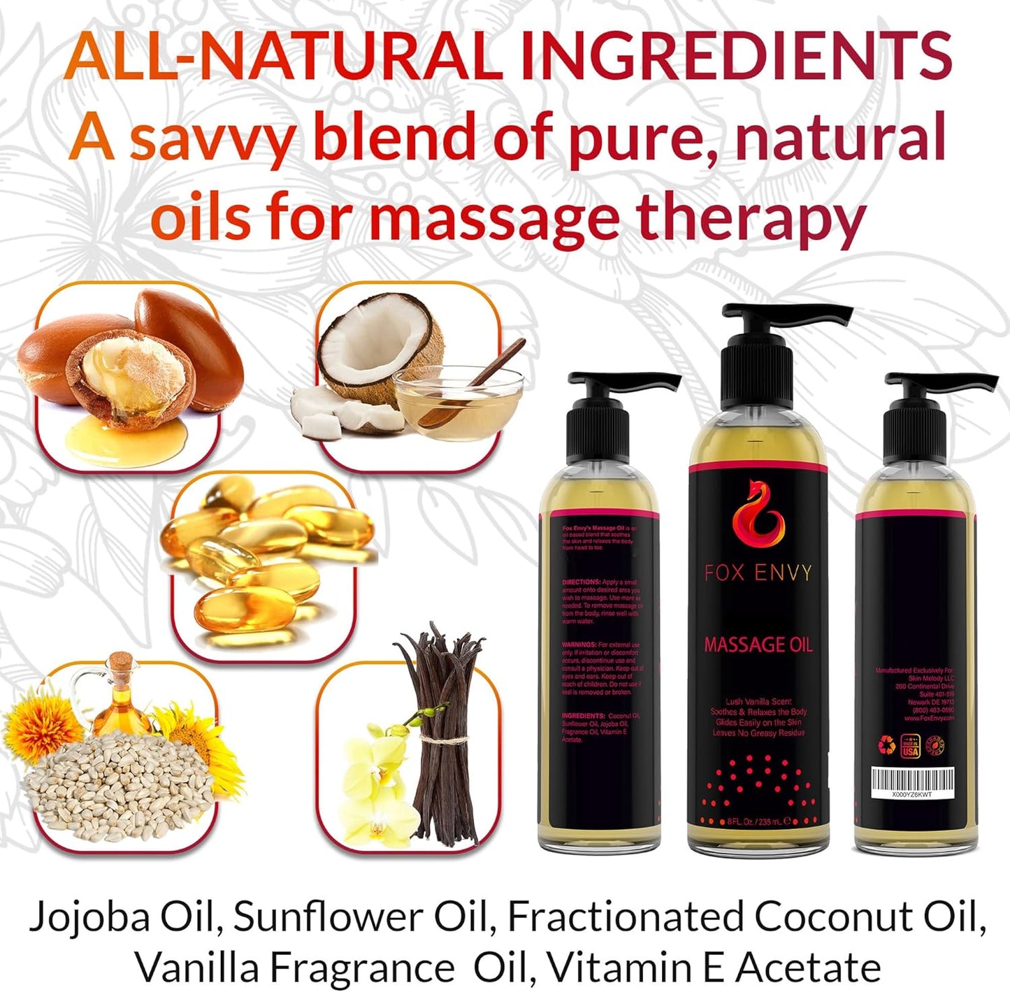 Body Massage Oil: Massage Oil for Massage Therapy, Premium Massaging Oil-Lush Vanilla Scent with Jojoba & Coconut, Therapeutic Oil 1Bottle, 8 fl oz