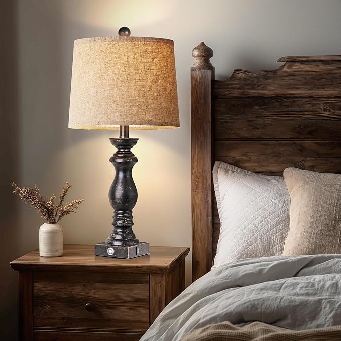 24.5" Table Lamp Set of 2, Rustic Farmhouse Bedside Lamps with USB A+C Charging Ports, 3-Way Dimmable Touch Control Nightstand Lamps for Living Room Bedroom, Antique Black, LED Bulbs Included - Bloomnest