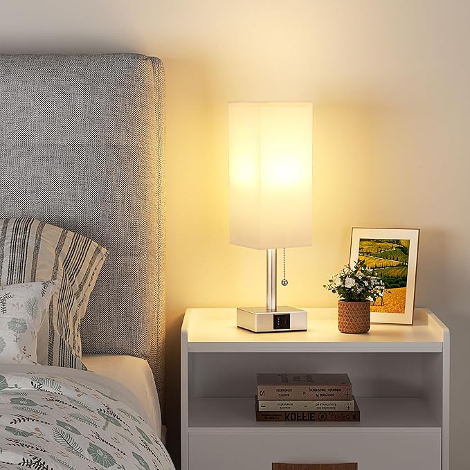 aooshine White Small Table Lamp for Bedroom - 3 Color Temperature 3000K 5000K 4000K Bedside Lamp, Pull Chain Control, USB A and C Ports, Light Gold Base, Bulb Included - Bloomnest