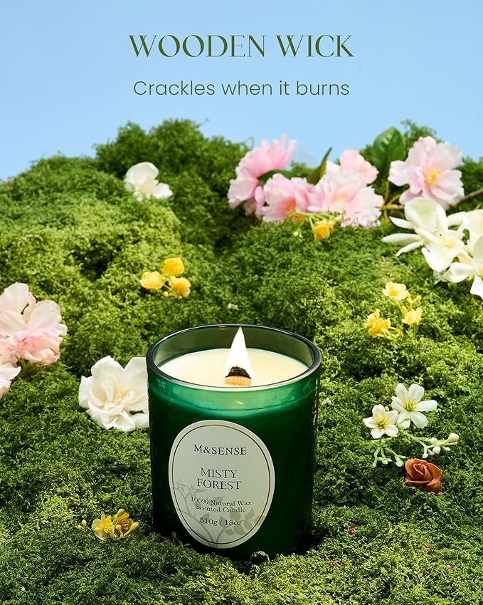 M&SENSE Misty Pine Forest Candle, Cracking Wooden Wick Soy Wax, 18oz 100 Hours Long Lasting Clean Burn, Large Fall Candles for Home Scented, Winter Holiday Gifts for Women Christmas - Bloomnest