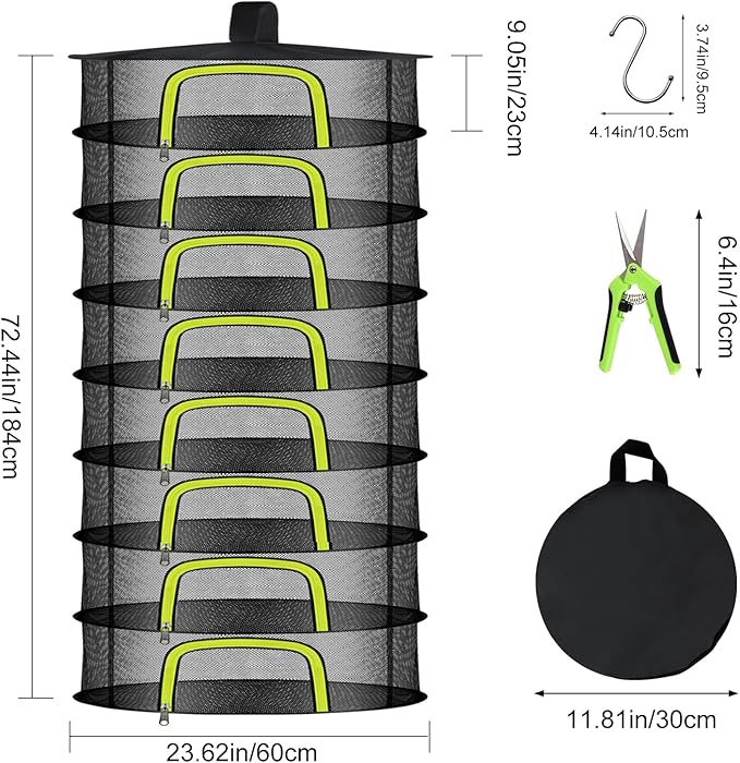 8 Layer Herb Drying Rack, Herb Drying Rack Hanging Mesh, Foldable Grass Drying Rack With U-Shaped Zipper, Garden Scissors, Hooks, For Drying Herbs Plants, Flowers, Fruits, Food(8 Layers-23.62'') - Bloomnest