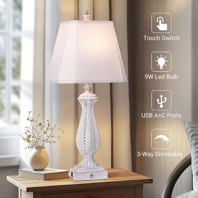 3-Way Dimmable Table Lamps for Bedrooms Set of 2, 30" H Touch Lamps for Living Room with with USB & Type-C Ports, White Mermaid Bedside Lamp for Nightstand, Resin Farmhouse Rustic Lamp with 2 Bulb - Bloomnest