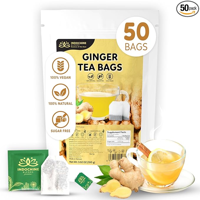 Indochine Blends Ginger Tea Bags | 100% Pure Ginger Root | Sugar-Free, Caffeine-Free Herbal Tea | Double Chamber, Individually Wrapped Bags| Rich in Natural Goodness and Flavor | 3.5 oz | 50 Tea Bags - Bloomnest