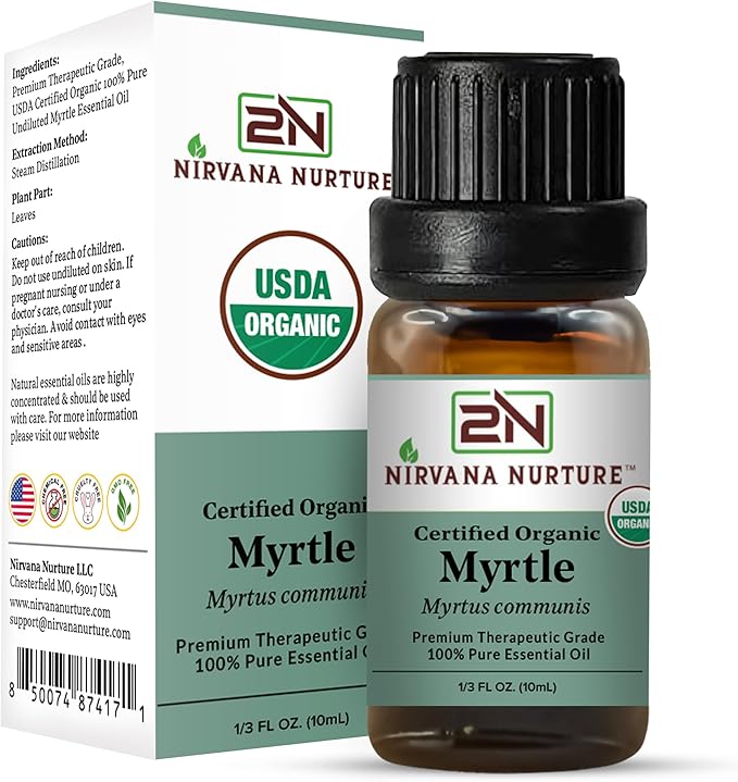 Myrtle Essential Oil, USDA Certified Organic, 100% Pure Undiluted, Aromatherapy Oil for Diffuser, Hair & Skin Care NirvanaNurture